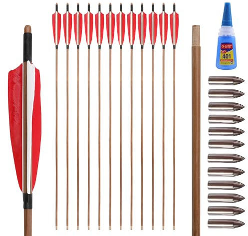 Poearcus Flèches de tir à l'arc Traditionnelles en Bois/Bambou de 32 Flèche de Chasse avec Plume de Dinde de 5 pour Arc Long Arc recourbé Arc Traditionnel (6, Rouge, Flèche en Bambou)