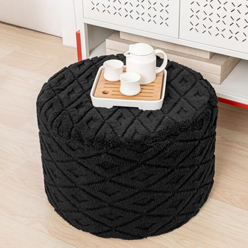 AbunHeri Fluffy Round Ottoman Pouf with All-in-One Foam Filling 20 x 14 Furry Ottoman Foot Rest Foot Stool for Living Room or Bedroom (Black)
