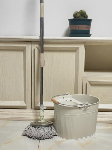 Cubo industrial de acero galvanizado para fregona de 13 litros, grande, galvanizado, reforzado, resistente, grueso, de acero para limpieza general en casa, oficina (blanco roto)