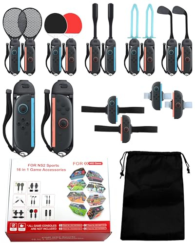 Switch 2 sporttillbehör, 16-i-1 speltillbehörspaket för JoyCon 2 med tennisracketar, golfklubbar, pingispaddlar, basebollfladdermöss, svärd, handleds- och benremmar och delade grepp