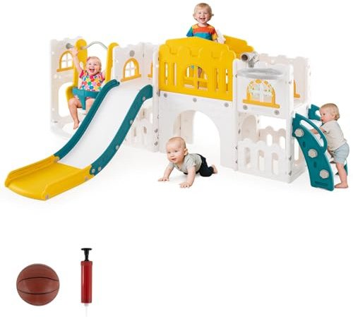 GOPLUS Tobogán de Juguete para Niños, Tobogán con Columpio y Canasta de Baloncesto, Parque Infantil de Plástico, con Telescopio, Escalera, Pasillo, Volante, Espacio de Almacenamiento (Amarillo)