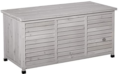 Outsunny Coffre de rangement extérieur, malle de rangement en bois, 283L, avec petites ouvertures en bas, 2 chaînes, 127 x 56 x 60 cm, gris