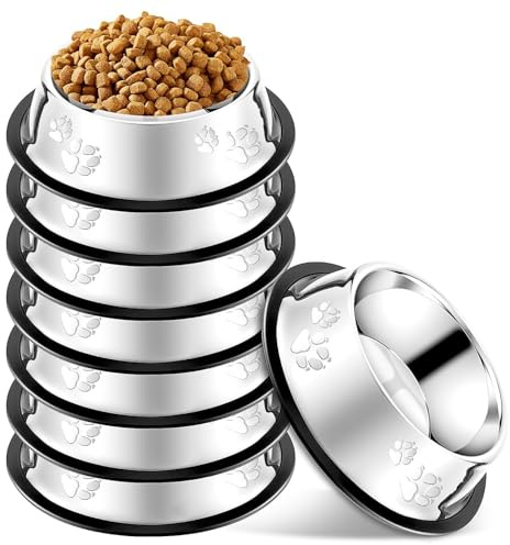 Lot de 8 Gamelles Chien INOX – Bols pour Chats et Chiens Antidérapants avec Bague en Caoutchouc, Bol Nourriture ou Eau, Vaisselle Animaux en Acier Inoxydable pour Chiot, Chaton, Lapin, Oiseau, 16 cm