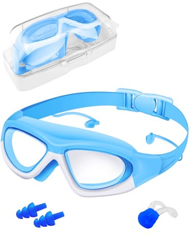 Hingue Lunettes de Natation pour Enfants avec Protections Nez et Oreilles, Verres Larges Anti-Buée et UV, Ajustement Confortable pour Filles et Garçons