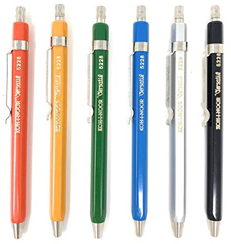 Etui penna tryck blyertspenna metall kort 2 mm stift KOH-I-NOOR set om 6 inkl. minor till blyertspennor