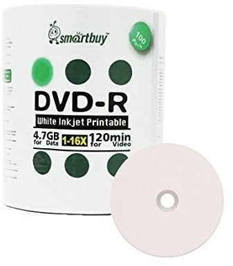 Smart Buy 100 Pack DVD-R 4.7gb 16x White Printable Inkjet Disc, 100pk