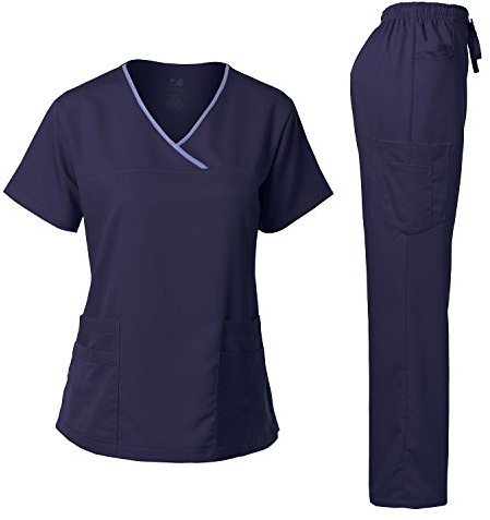 Dagacci Medical Uniform® Scrubs for Women Set – Natural Stretch Contrast Binding Top and Pants Sets for Women – 9 Pockets (X-Large, Navy Blue)