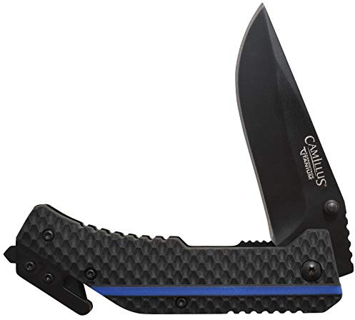 Camillus Unisex – Erwachsene Thin Blue LINE Klappmesser, Einhandmesser, Rettungsmesser, 8,3 cm Klinge, 440er Stahl, Carbonitride Titanium, TPE-Griff, schwarz/blau, 19653, 19,7cm