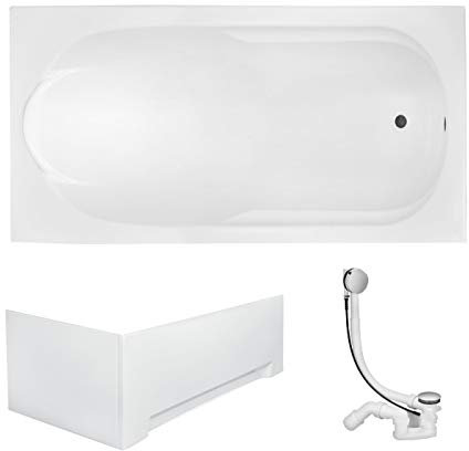 VBChome Badewanne 140x70 cm Acryl SET Schürze Siphon Wanne Rechteck Weiß Design Modern Ablaufgarnitur in Chrom