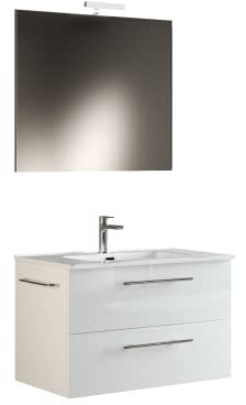 Mama Store ERA 80 - Mobile Bagno Sospeso 80 CM BIANCO LUCIDO LACCATO con Lavabo, Specchio e Lampada LED, L.81 X P.47 X H.53 cm