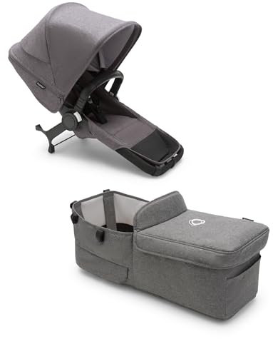 Bugaboo Donkey 5 Twin Erweiterungsset, verwandelt deinen Donkey 5 Mono in einen Zwillingskinderwagen,verbessertes Side By Side-Design, wendbarer Sitz und Ein-Hand-Steuerung, Grey Melange