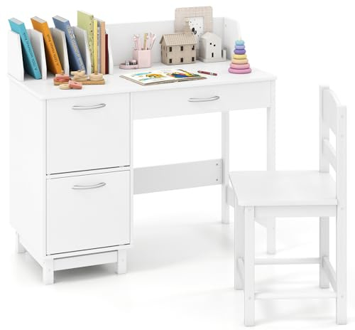 LIFEZEAL Juego de Escritorio y Silla para Niños, Conjunto de Mesa con Silla ergonómica, Escritorio Infantil con estantería para Libros y cajones para Estudio y Escuela, Edad 3-8 años (Blanco)