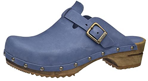 Sanita Kristel offener Clog | Original handgemacht | Leder-Holzclogs für Damen | Nachhaltige Sohle | Taube blau | 42 EU
