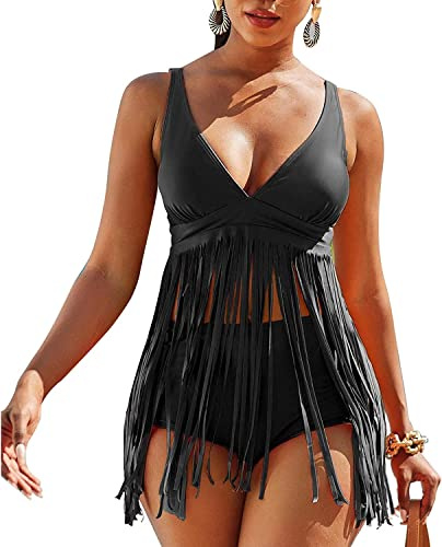 Femme Maillot de Bain 2 Pieces avec Frange Sexy,Taille Haute Deux pièces Push up Bikini Set Tankini Col en V pour Swimwear Swimsuit Plage Piscine