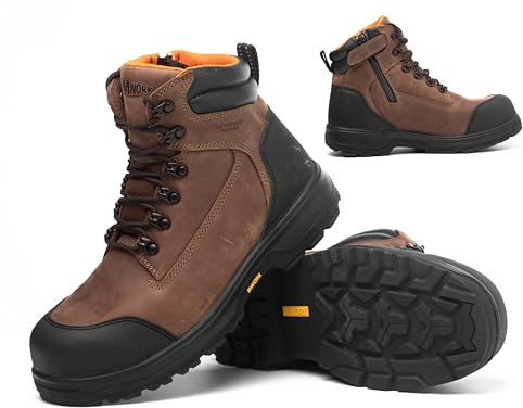 MWORK Men's 6 Full Grain Leather Work Boots Waterproof Composite Toe, YKK Side Zipper, ASTM F2413 & CSA Certified Safety Shoes, Puncture Resistant EH Rated Non Slip Construction Chairman MW2302