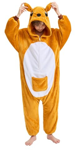 LONULAIN Unisex Kids Animal Oneise Pajamas, Boys Girls Flannel Hooded Halloween Cosplay Costume/Homewear/Sleepwear (Kangaroo,9-10 Years)