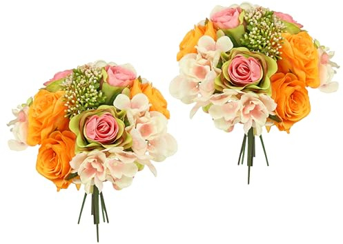 Stil blomma konstgjord rosbukett med hortensior bukett konstgjord bukett bukett silkesblommor blombukett blombukett hortensia-bukett rosor konstgjorda blommor bröllop, vit/rosa/orange