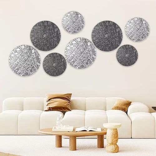 DETENE 8 Stück Wanddekoration aus Metall 3D Runde Wanddekoration Metall Moderner Luxus Wanddekoration Wandskulptur Metall in Silbrig Grau für Wohnzimmer Schlafzimmer Esszimmer