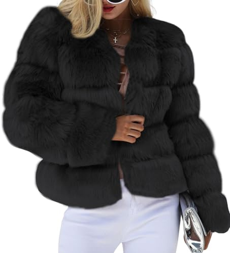 loveimgs Women Warm Fluffy Cropped Puffer Jacket Faux Fur Coat Crop Parka Collarless Winter Teddy Bear Coat Overcoat (Medium, Black)