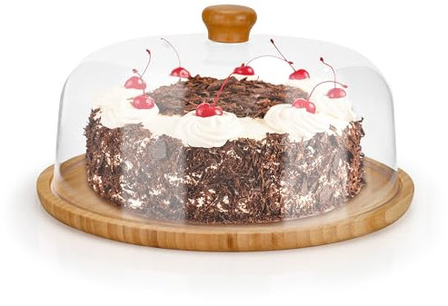 Aramanara 11 Inch Cake Stand with Dome Lid, Clear Cake Dome, Wooden Round Cake Display Plate with Cover for Anniversary, Birthday, Wedding, Party