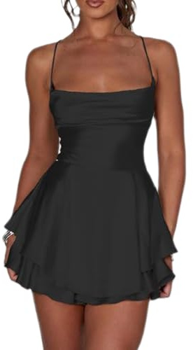 Acrawnni Women Satin Backless Mini Romper Dress Cowl Neck Tie Ruffle Layer Spaghetti Strap Cami Playsuits Jumpsuit Mini Dress with Shorts (A-Black, M)
