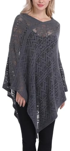 LIUYUYOUGO virkad poncho för kvinnor boho stickade sjalar och sjalar elegant V-hals tofs fåll stickad poncho cape krusning ihålig tröja fladdermusvinge tröja sjalar täckande, Grått, one size