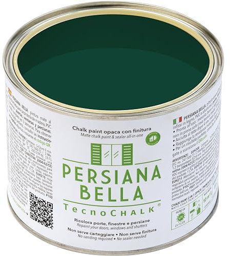 TecnoChalk® Persiana Bella Nuova Chalk Paint Extra Forte - Non Richiede Finitura – Ricolora Senza Carteggiare Persiane, Finestre, Porte e Infissi - Interno/Esterno - Colore Verde RAL 6005 (500 ml)