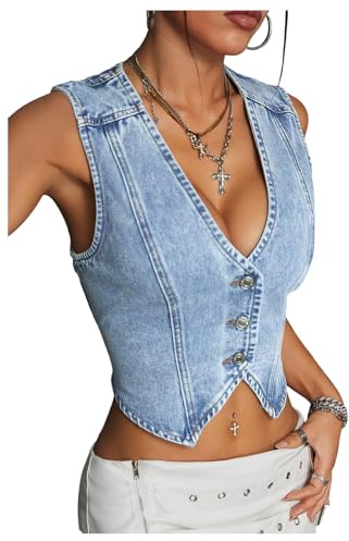 Floerns Women's Going Out Denim Vest Sleeveless Button Up V Neck Y2k Crop Tops Light Wash S
