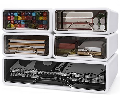 ZPONEED 5er Set Schreibtisch Schubladenbox, Stapelbar Büro Schubladen Organizer, Aufbewahrungsbox mit Schublade, A4, A5 Format Drawer, Schreibtisch Organizer für Büro, Schule, Schreibwaren