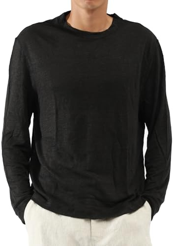 CLSEN Men's 100% Linen Long Sleeve T-Shirt Relaxed Fit Coverstitch Detailing Breathable Crewneck Tee (US, Alpha, Small, Regular, Regular, Black)