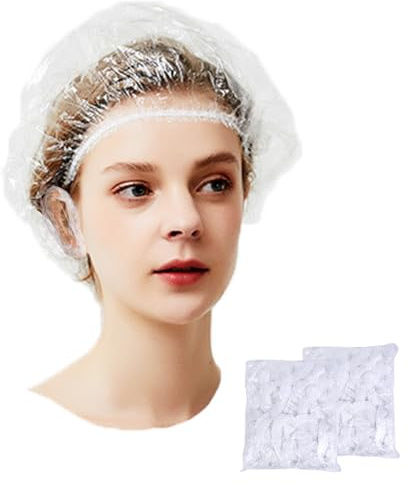 DYSWTUE 200 Piezas de Gorros de Ducha de Plástico con Orejeras, Gorros de Baño Elásticos de Plástico Impermeables y Protectores Para las Orejas para Tratamientos Capilares para Mujeres y Hombres.