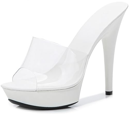 WVBVLO Women Clear Strap Fish Mouth Platform Sky High Heel Sexy Party Slides Fashion Transparent Open Toe 5.11in High Heeled Backless Prom Sandals For Evening Wedding (White,11)