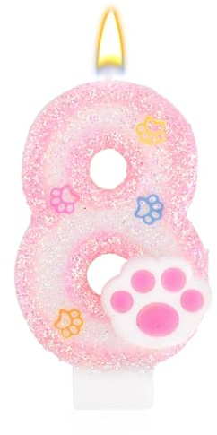 Goktvai Velas Cumpleaños Perros y Gatos, Velas de Cumpleaños Rosas con Números Decoraciones para Pasteles con Huellas Patas Adecuadas para Fiestas de Celebración Temática Mascotas (8)