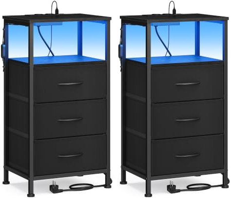 SONGMICS Sängbord med Laddstation och LED, 3 Lådor, 2-Pack | Nattbord, sidobord, 39,6 x 30 x 75,9 cm, för sovrum, bläcksvart, BELLAH-kollektion LGS203B102
