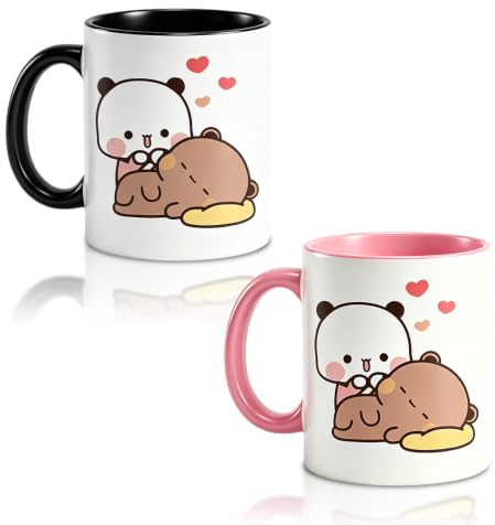 HOVCEH 2 Pezzi 330ml Bubu Dudu Tazza Caffe, Bubu Dudu Tazza San Valentino, Tazza Orso e Panda, Tazza in Ceramica per Tè e Caffè, Tazza da Caffè Stampata con Panda Bear, Regali per Coppie, Amici