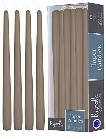 Hyoola 12 Pack Tall Taper Candles - 10 Inch Taupe Gray Dripless, Unscented Dinner Candle - Paraffin Wax with Cotton Wicks - 8 Hour Burn Time
