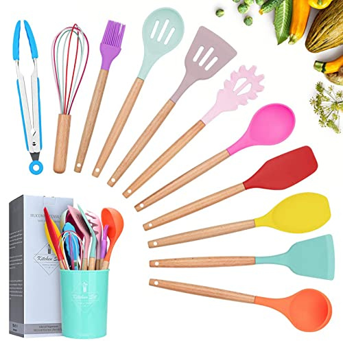 Lychee Utensili Cucina Set,12 Pezzi Set di Utensili da Cucina in Silicone,Resistente al Calore con Manico Legno Antiaderenti da Cucina Strumento di Cottura Termoresistenti (Colorato)