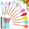 Silicone Cooking Utensils Kitchen Utensil Set, 12 Pieces Natural Wooden Handles Cooking Tool BPA Free Non Toxic Silicone Turner Tongs Spatula Spoon Kitchen Gadgets Utensil Set (Colorful)