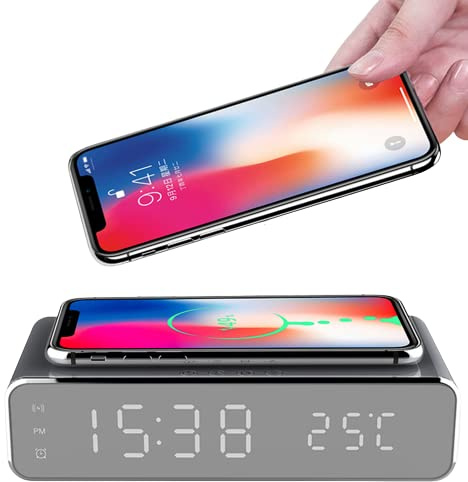 Trådlös laddning väckarklocka svart sängbord modern digital väckarklocka 2-i-1 modern digital väckarklocka med Qi trådlös laddare och termometer