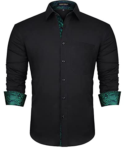 HISDERN Men's Inner Contrast Shirt Casual Formal Classic Button Down Dress Shirts Long Sleeve Plaid Collar Regular Fit