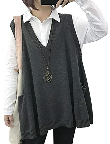 YESNO Women Loose Swing Chunky V-Neck Sweater Vests Oversized Knit Sleeveless Jumpers with Cute Drop Pockets XL WM9UK Gray