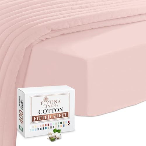 Pizuna 100% Cotton Double Fitted Sheet Light Pink 400 Thread Count | Long Staple Cotton Fitted Bed Sheets, 140x200 cm, Sateen Weave 40 Cm 1 Pc