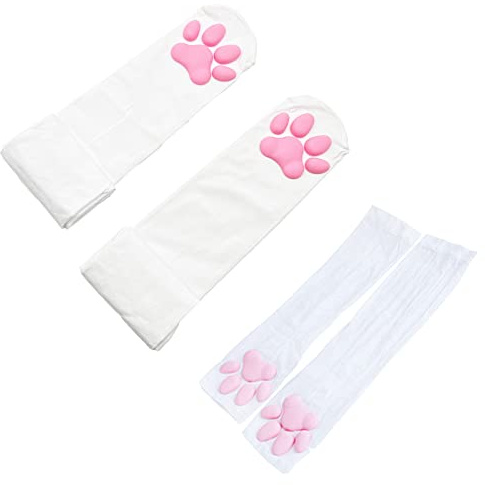 ZTVOWTO Bonitos calcetines de Cosplay hasta el muslo con almohadilla de pata de gato con mitones de garra de gatito 3D rosas, guantes largos sin dedos para niñas y mujeres(blanco-1)