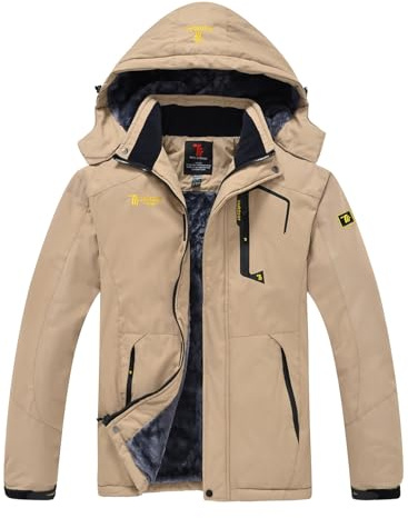 YSENTO Chaqueta de esquí para hombre, impermeable, forro cálido, chaqueta funcional para exterior, con capucha extraíble, caqui, L