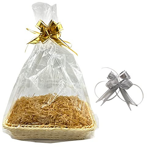 30 x 20 CM Gift Basket Kit with 1 x Hamper Basket, 2 x Bows, 2 x Cellophane Bags and 1 x Shredded Paper for Christmas, Birthday, Wedding, Easter Gift