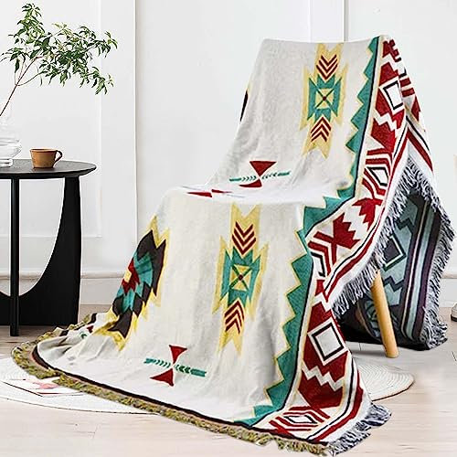 Manta de Sofá Doble-Cara Boho 90x150cm - Punto de Algodón Con Borlas, Multifuncional Decorativa de Colcha, Para Cama, Sillón, Camping y Picnic al Aire Libre