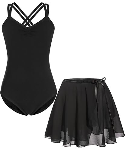 FONLAM Ballettkleid Balletttrikot für Mädchen Kinder Tanzkleid Zweiteiliges Set Trikotanzug + Ballettrock Tutu Mädchen (11-12 Jahre, Schwarz)