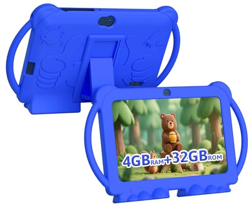 HOTTABLET Kids Tablet 7 inch Android 12, 4GB RAM 32GB ROM, 512GB Expandsion, with Parental Control, WiFi, Bluetooth, Dual Camera with Silicone Case, 1PCS(Blue)