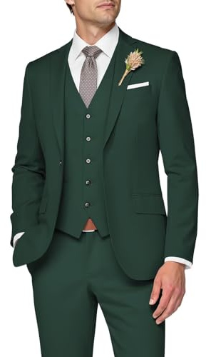 SPTALLFITJSV 3 Piece Suit Men Slim Fit Wedding Suits for Mens Elegant One Button Jacket Single Breasted Vest Pants Set, Dark Green, XXL