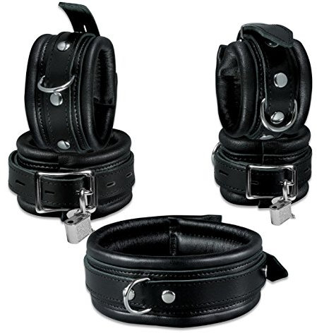 Abschließbar BDSM echt Leder Bondage Set Halsband Handfesseln Fußfesseln Fesselset aus echtem Leder gepolstert schwarz